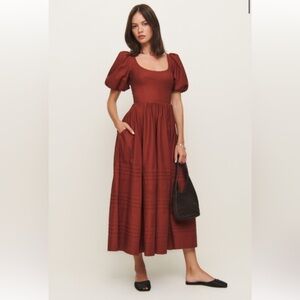 Reformation Evelyn Rust/Burgundy Puff Sleeve Dress